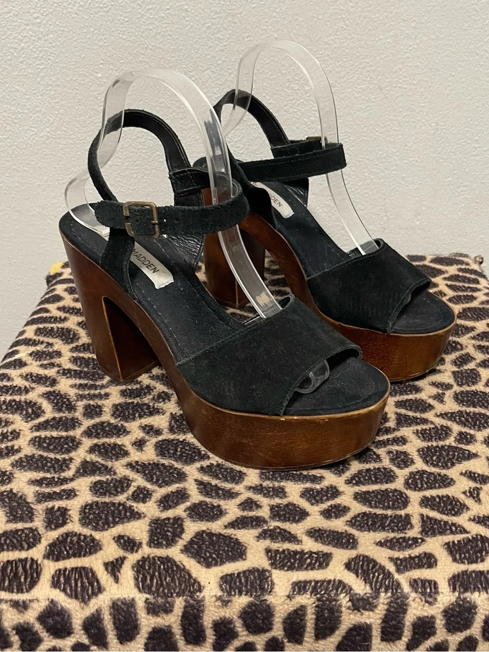 Steve Madden Platform Chunky Heels Black Suede Boho Womens 10